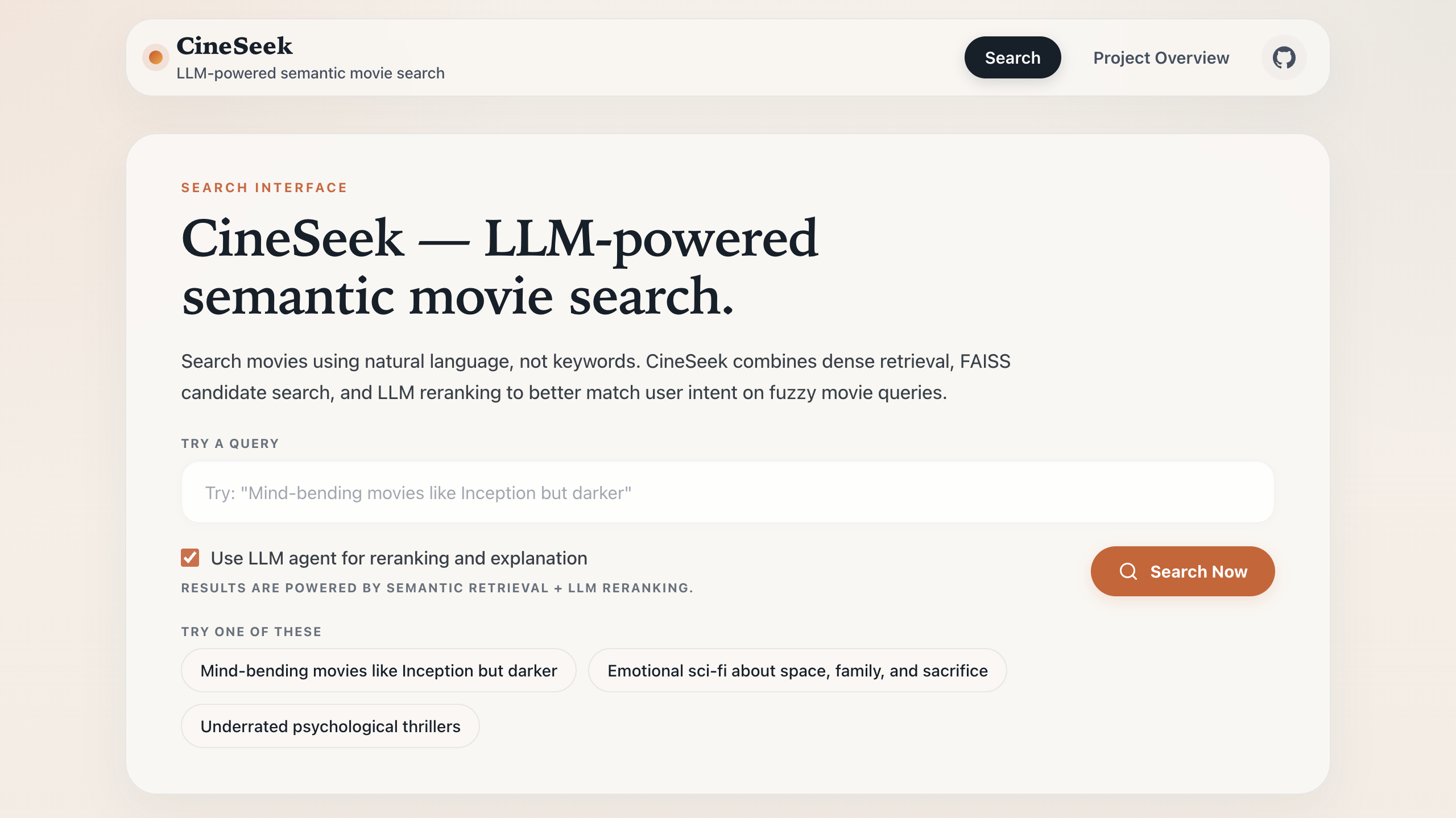 CineSeek semantic movie search demo screenshot